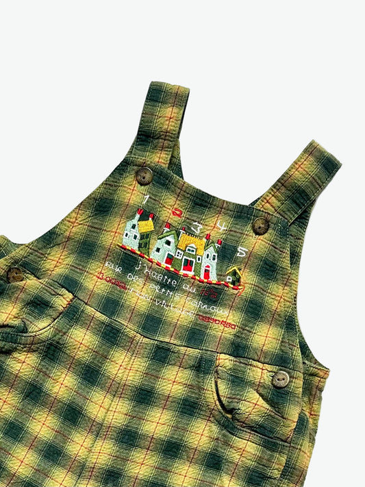 kids vintage Check dungarees with a colourful embroidered design on a white background