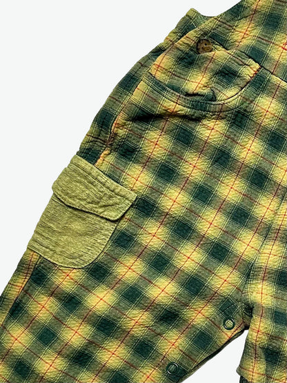 kids vintage Check dungarees with a colourful embroidered design, pocket details and popper opening, on a white background.