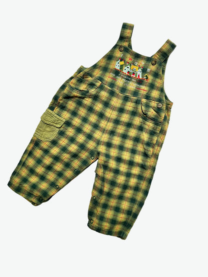 kids vintage Green and yellow Check dungarees with a colourful embroidered design on a white background