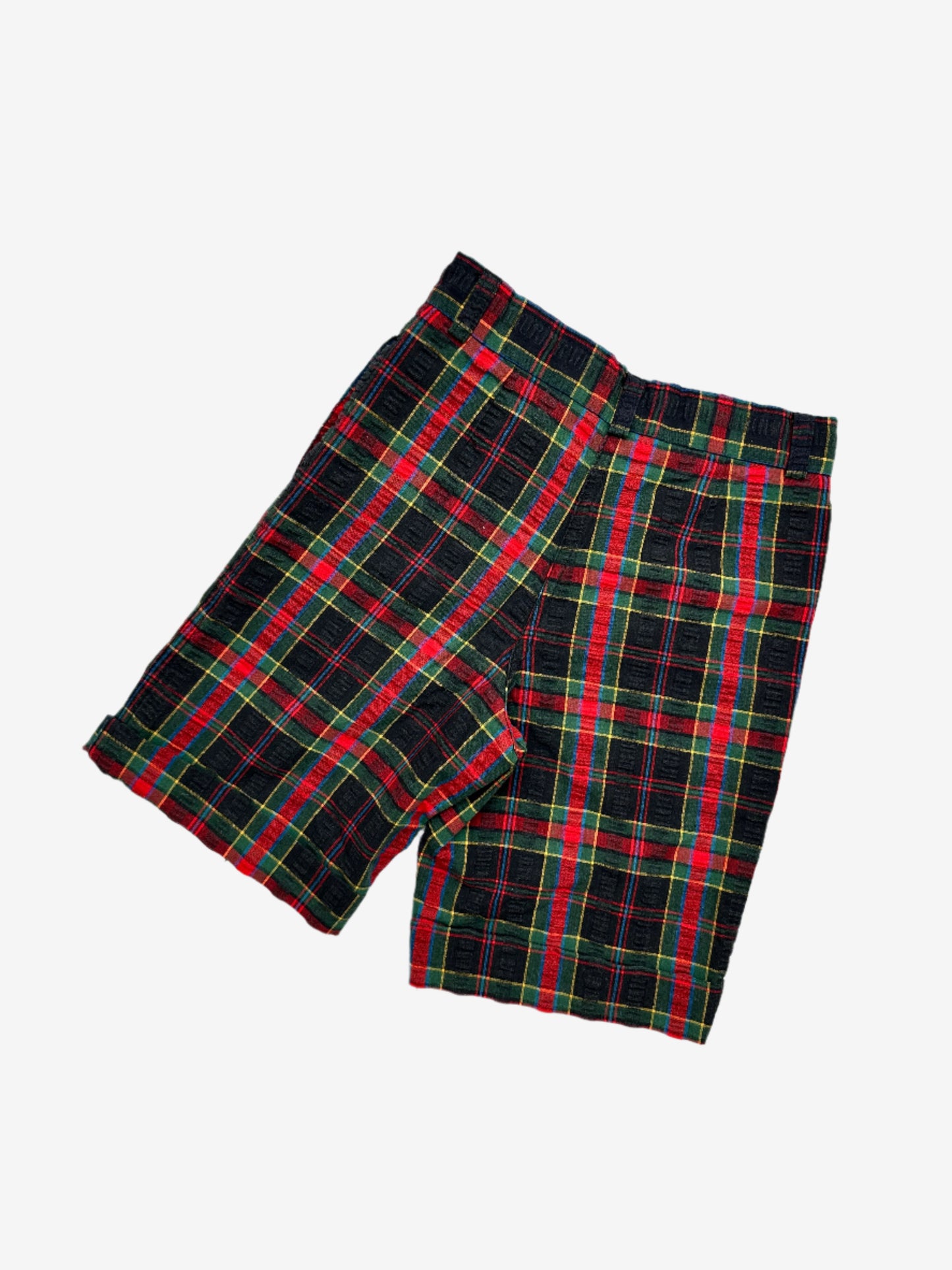 Kids vintage chino style check shorts, black, red, green and yellow. Made in France. Age 4 years.