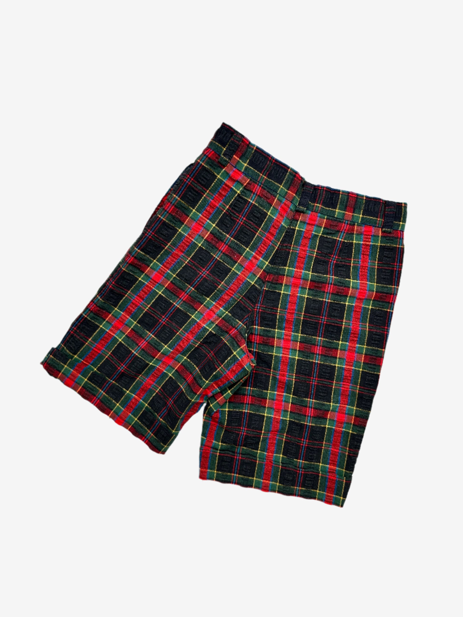 Kids vintage chino style check shorts, black, red, green and yellow. Made in France. Age 4 years.