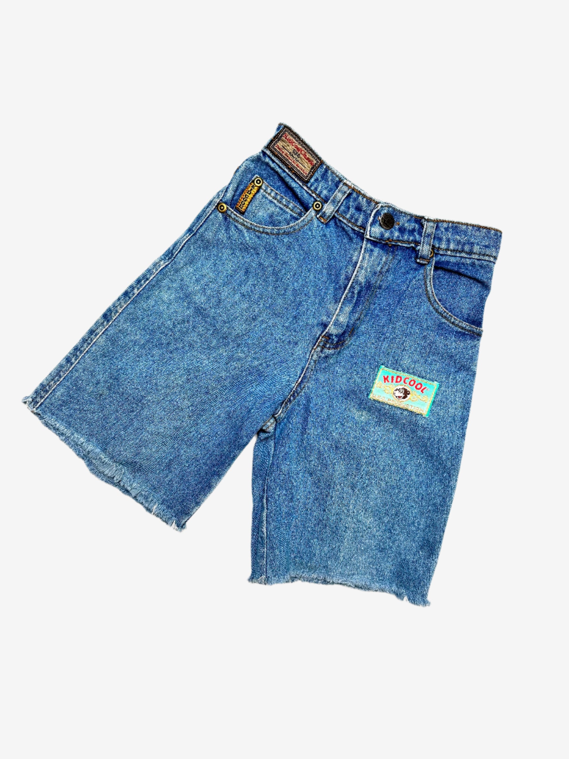 Kids Vintage cut-off denim shorts, with badge details, Age 4-5 years.