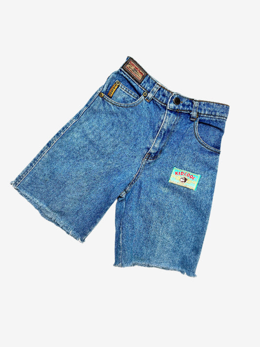 Kids Vintage cut-off denim shorts, with badge details, Age 4-5 years.