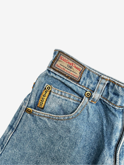 Kids Vintage cut-off denim shorts, with badge details, Age 4-5 years.