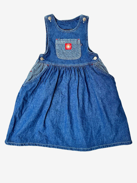 Kids vintage Denim dress with stripe detail, badges and red highlights. Age 6 years. 