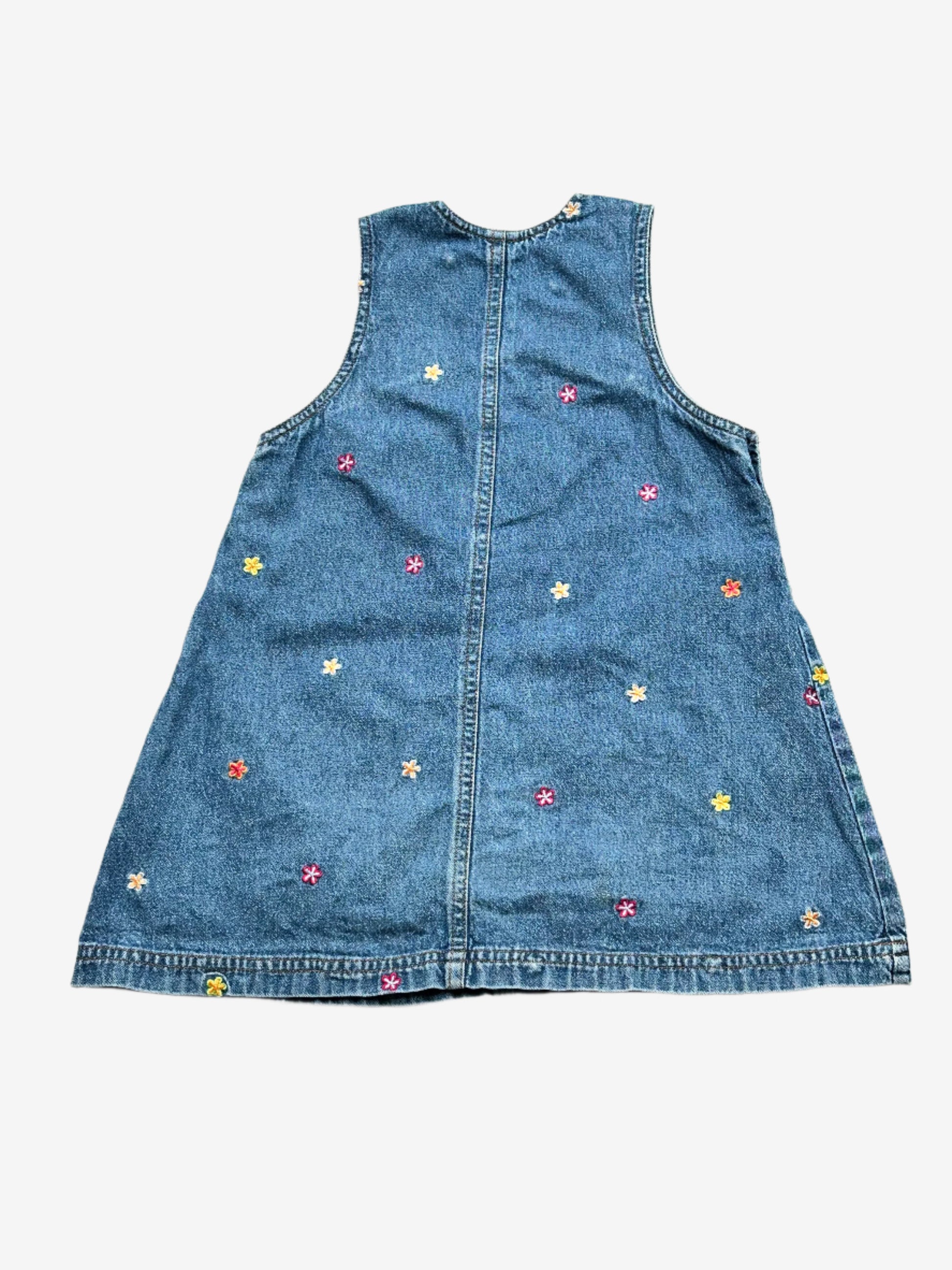 Kids Vintage Adams Denim Pinafore Dress  wih allover embroidered flowers. Flower embossed buttons and options for when they grow. Age 2-3 yrs.
