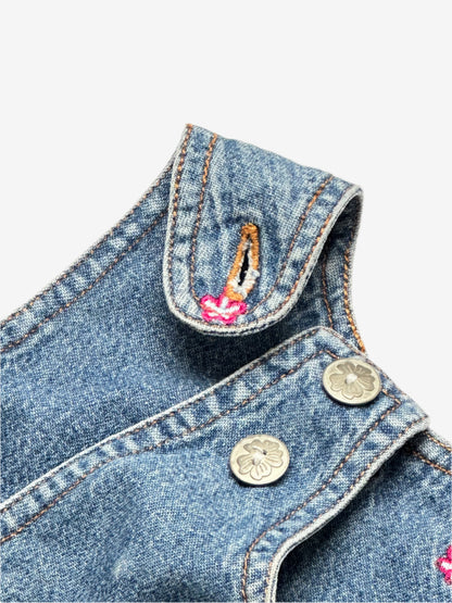 Kids Vintage Adams Denim Pinafore Dress  wih allover embroidered flowers. Flower embossed buttons and options for when they grow. Age 2-3 yrs.
