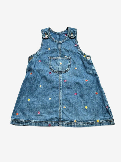 Kids Vintage Adams Denim Pinafore Dress  wih allover embroidered flowers. Flower embossed buttons and options for when they grow. Age 2-3 yrs.