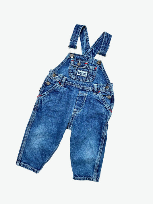 kids vintage denim dungarees by brand Liberto, true blue denim shade, faded in all the right places. Highlight red bartacks. Age 1 yrs.