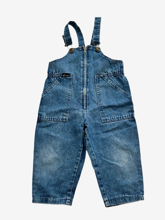 Kids Vintage Denim Zip Front Dungarees with patch pockets in a relaxed fit. Age 18-24 Months.