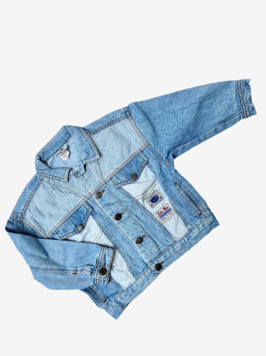 Kids vintage Denim jacket with stripe and gingham details and badges in a light wash. Age 5 years. 