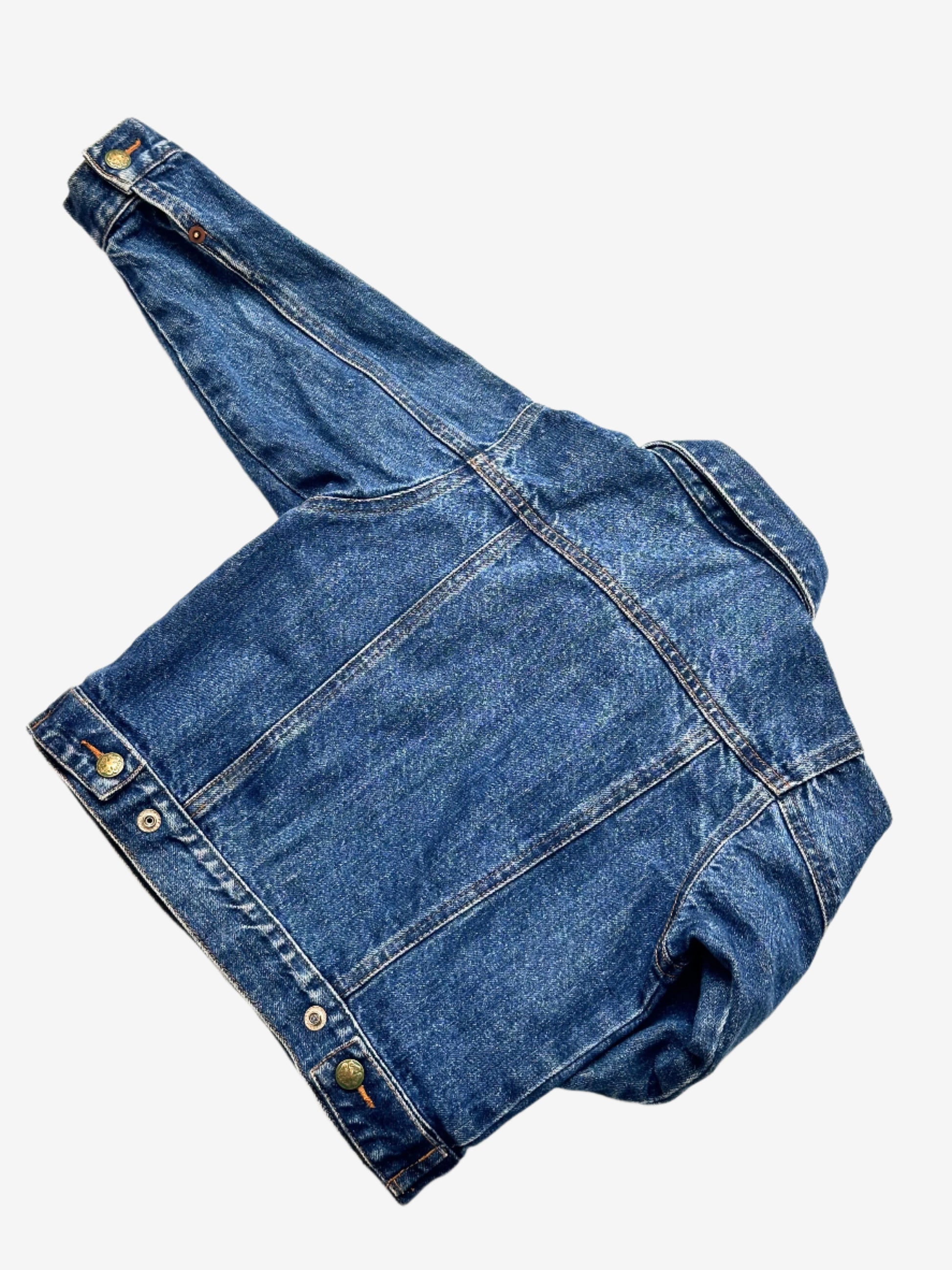 Kids vintage Oshkosh b'gosh denim jacket A Classic trucker jacket cut with green tinted antique gold buttons brass. Age 18-24 Months.