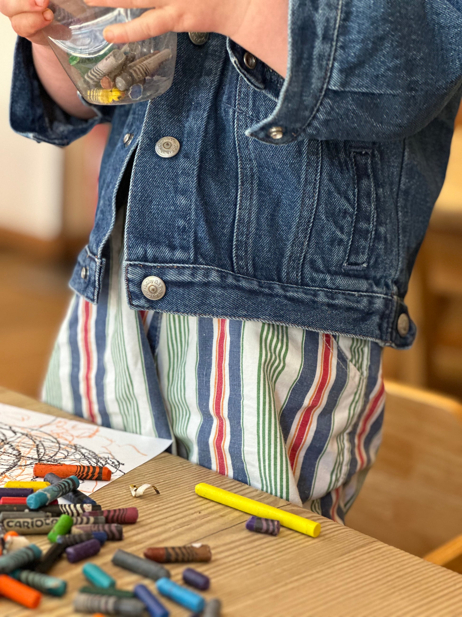 Kids Vintage multi-colour stripe short Dungarees,  with red trimmings, Age 18-24 months. Worn here with a denim jacket.