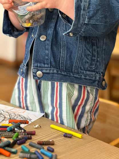 Kids Vintage multi-colour stripe short Dungarees,  with red trimmings, Age 18-24 months. Worn here with a denim jacket.