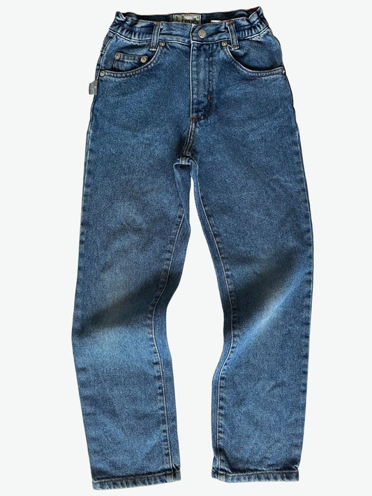 Pair of authentic blue jeans with silver hardware on a white background