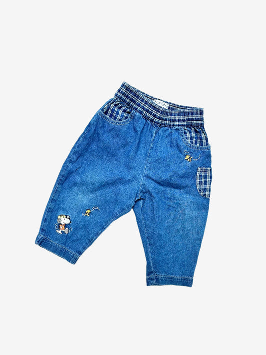 Kids Vintage lightweight denim jeans, with Snoopy embroidery and check fabric details,  Age 1 years.
