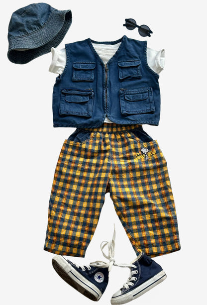 Kids vintage outfit, denim bucket hat, fisherman vest, sunglasses, checkered snoopy trousers and converse. Age 1-2 years.