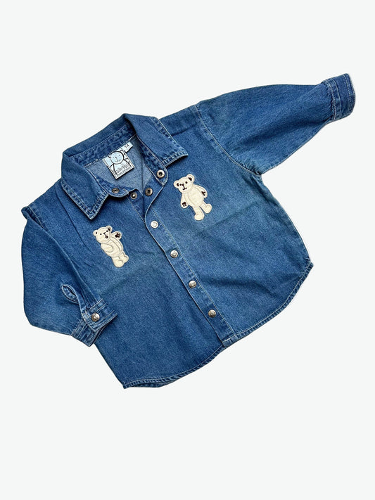Kids vintage denim shirt with two bears on the chest. Silver Popper opening. Age 74cm/ 6-9 Months.