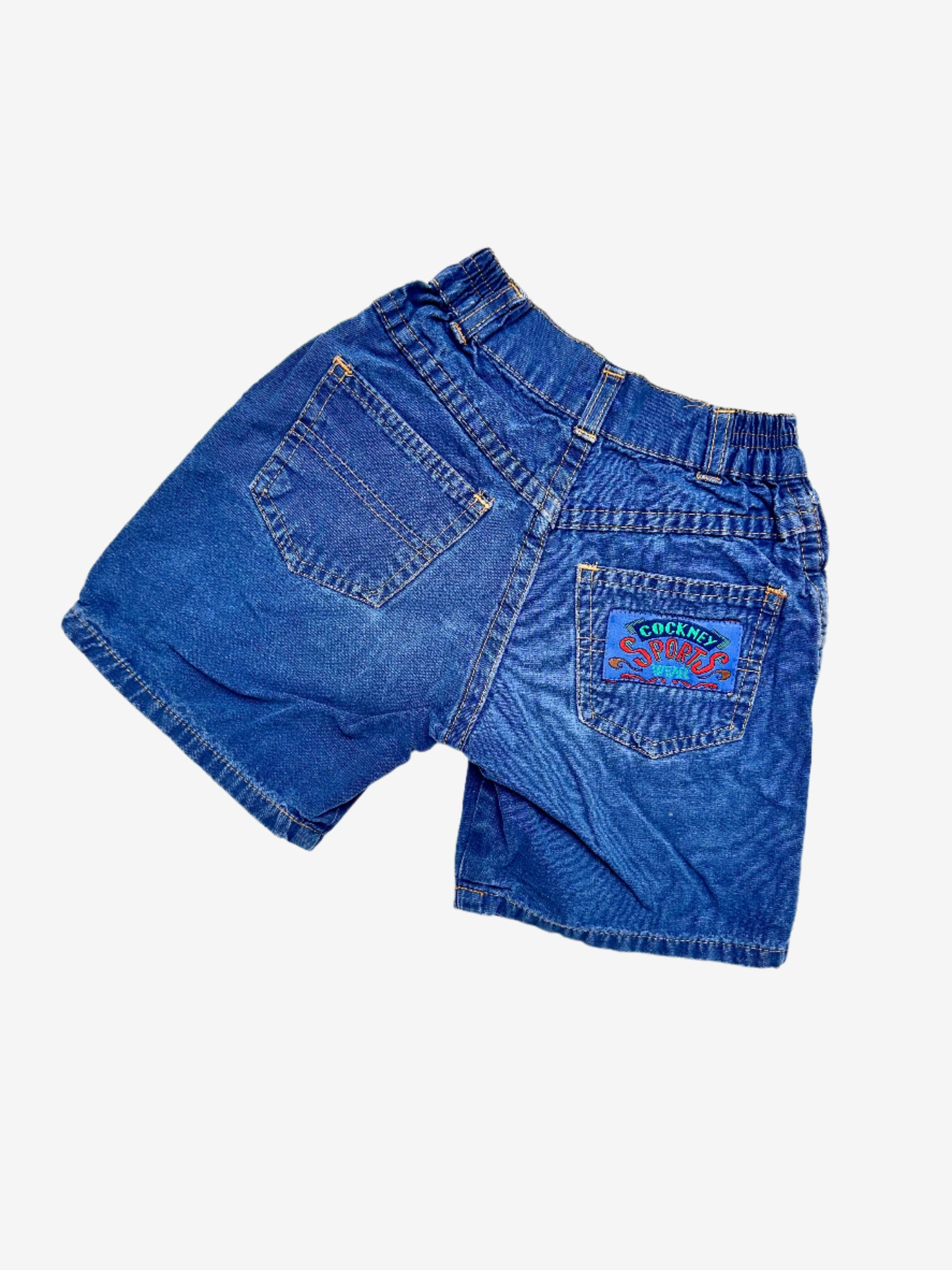 Kids vintage Blue Shorts with badge detail on back pocket, Age 4 years.