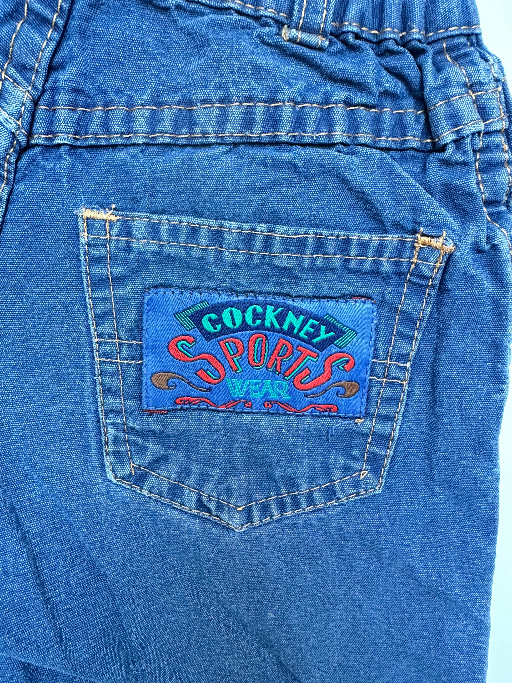 Kids vintage Blue Shorts with badge detail on back pocket, canvas material, Age 4 years.