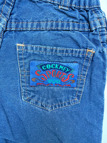 Kids vintage Blue Shorts with badge detail on back pocket, canvas material, Age 4 years.