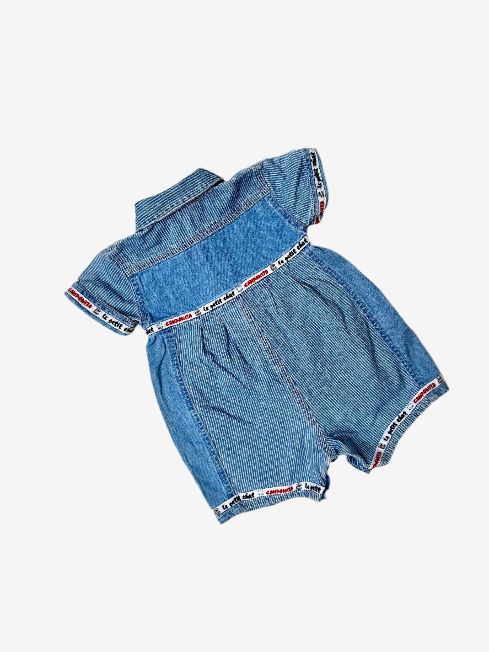 Kids Vintage denim romper with stripe details and red highlights on the trimmings. Age 9-12 months.