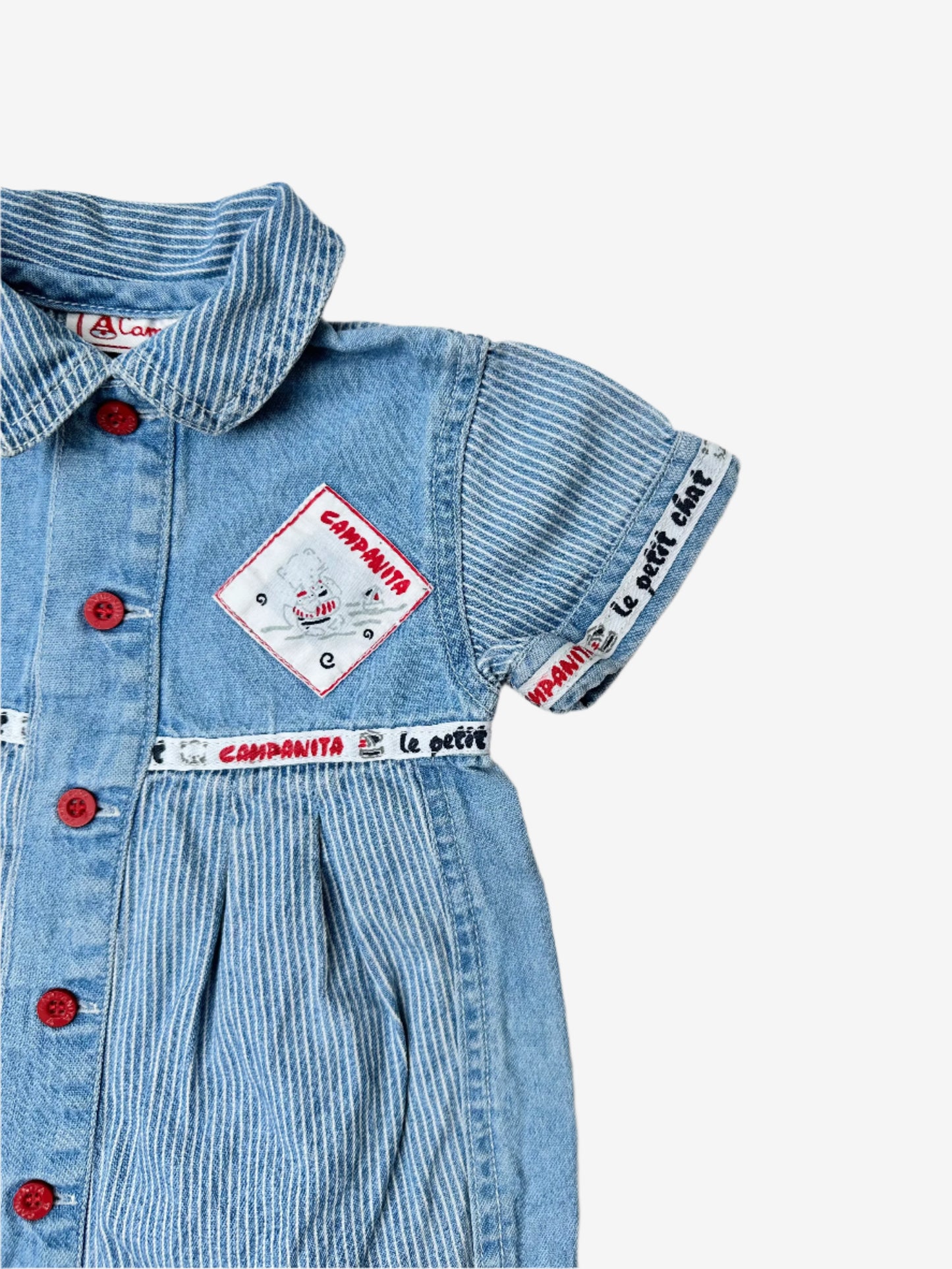 Kids Vintage denim romper with stripe details and red highlights on the trimmings. Age 9-12 months.
