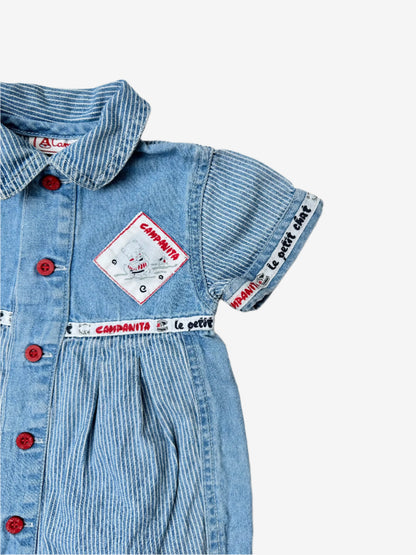 Kids Vintage denim romper with stripe details and red highlights on the trimmings. Age 9-12 months.