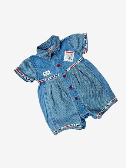 Kids Vintage denim romper with stripe details and red highlights on the trimmings. Age 9-12 months.