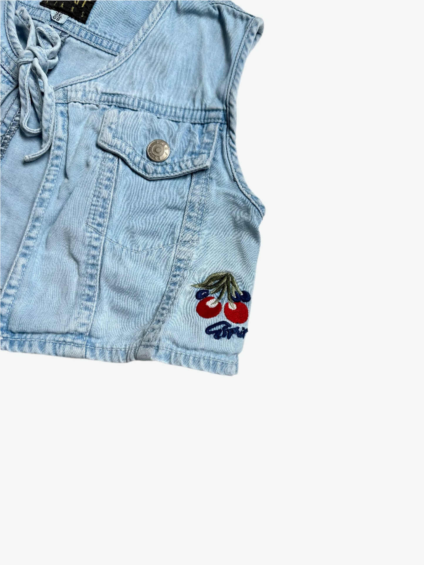 Kids vintage denim vest with tie front, embroidered cherry from Esprit. Age 2-3 years.