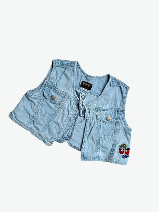 Kids vintage denim vest with tie front, embroidered cherry from Espirit. Age 2-3 years.