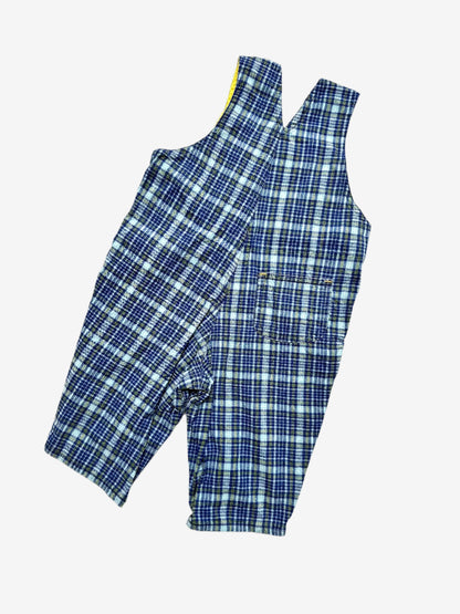 Kids vintage blue check dungarees, age 1 years, embroidery detail.