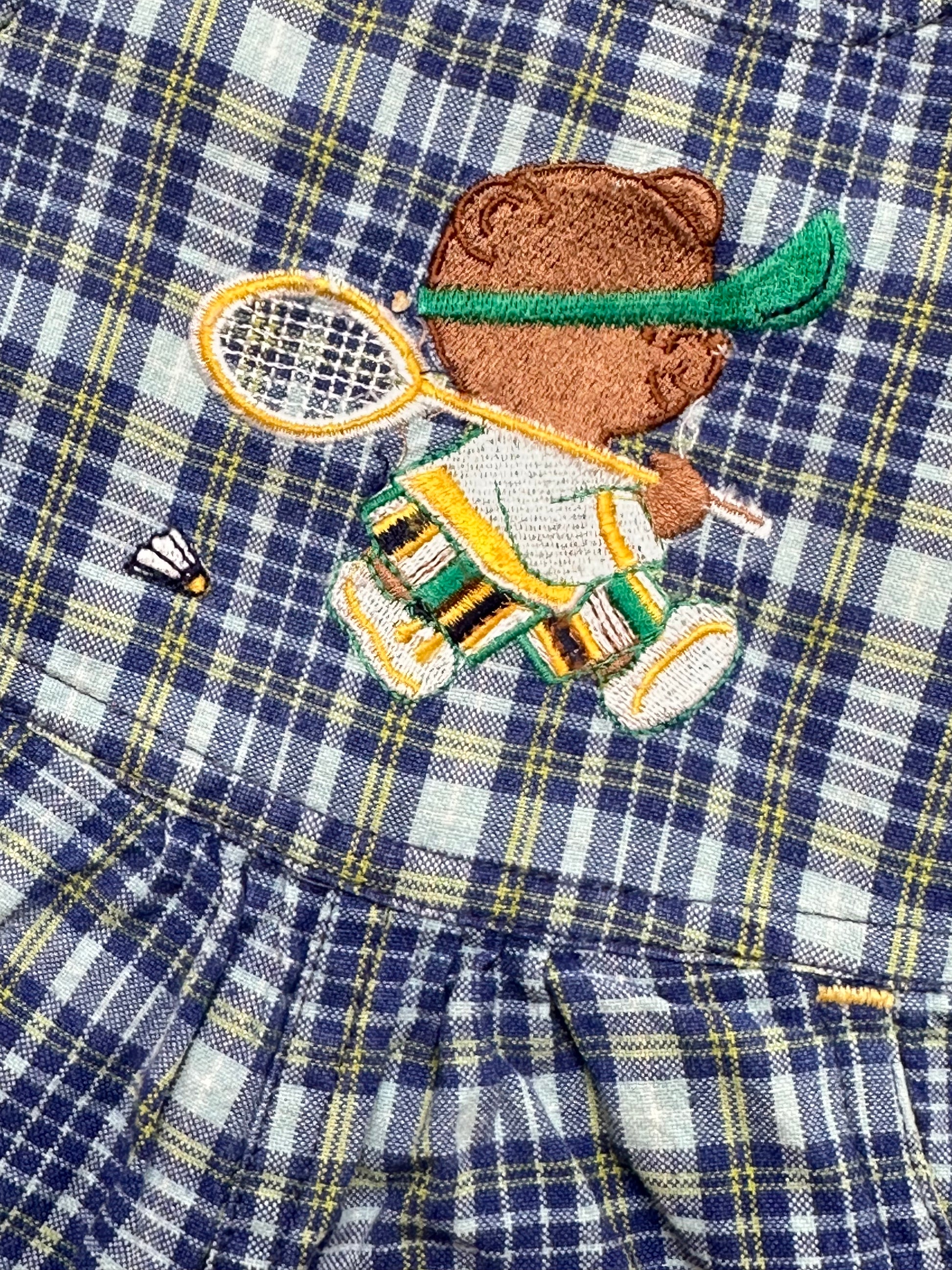 Kids vintage blue check dungarees, age 1 years, embroidery detail.