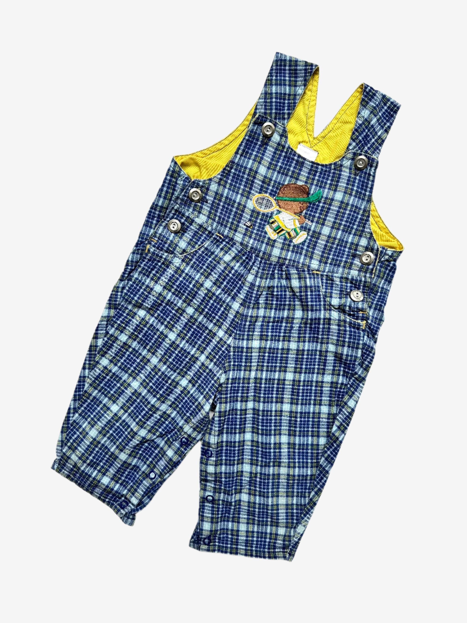 Kids vintage blue check dungarees, age 1 years, embroidery detail.