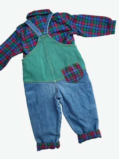 kids vintage colourful check shirt and denim dungarees on a white background