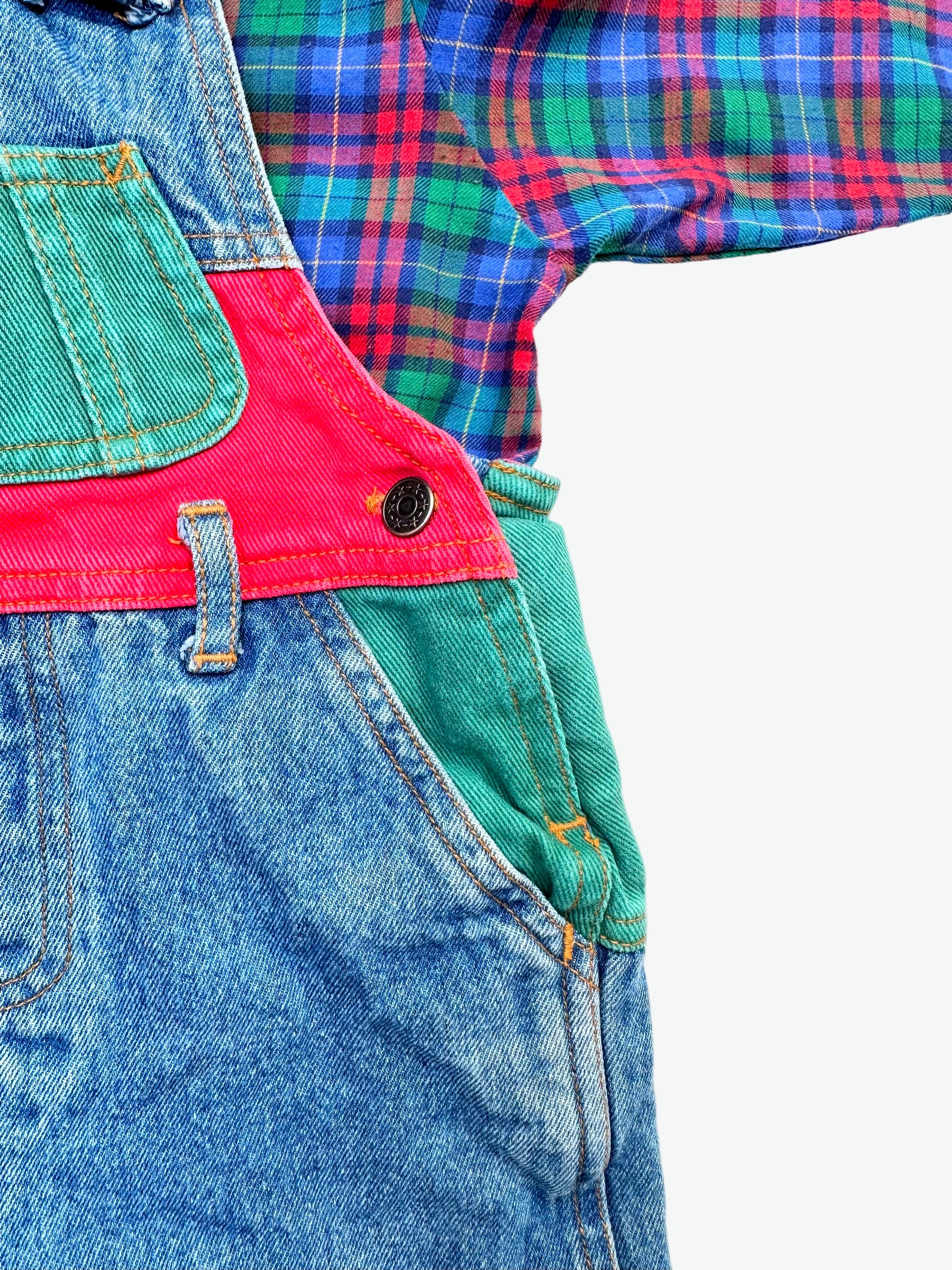 kids vintage colourful check shirt and denim dungarees on a white background