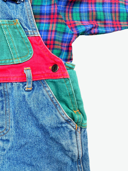 kids vintage colourful check shirt and denim dungarees on a white background