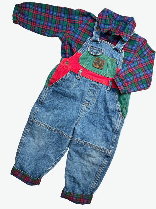 kids vintage colourful check shirt and denim dungarees on a white background