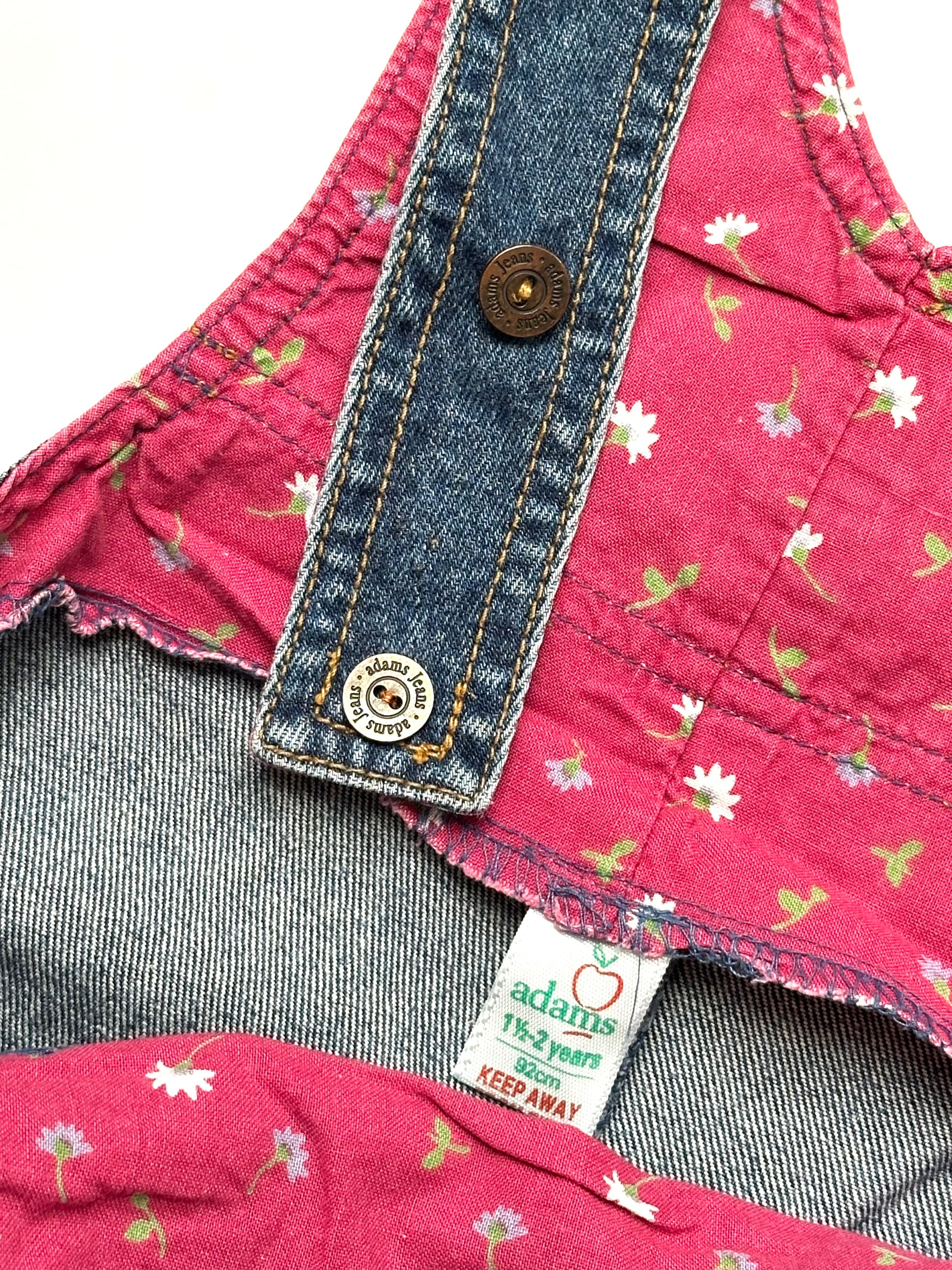 Kids vintage denim dungarees. In a dark denim with floral highlights. Age 18-24 months. 