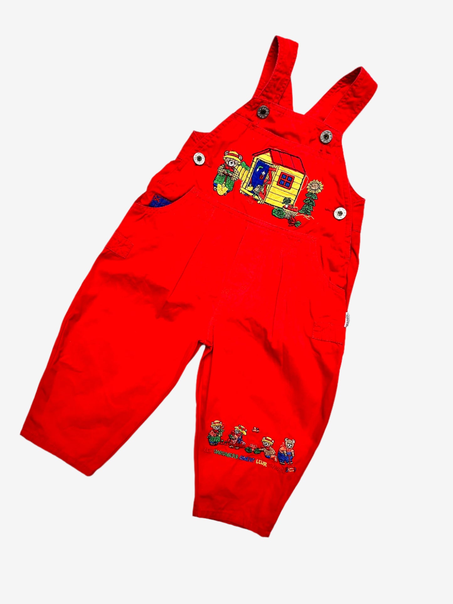 Kids vintage bold red with a relaxed bubble fit, featuring beautifully detailed embroidery or a bear tending the garden. Age 1 years.
