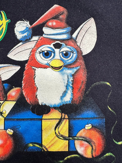 Black long-sleeve sweater with Furby Christmas print on a white background