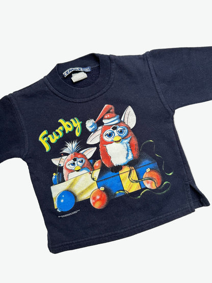 Black long-sleeve sweater with Furby Christmas print on a white background