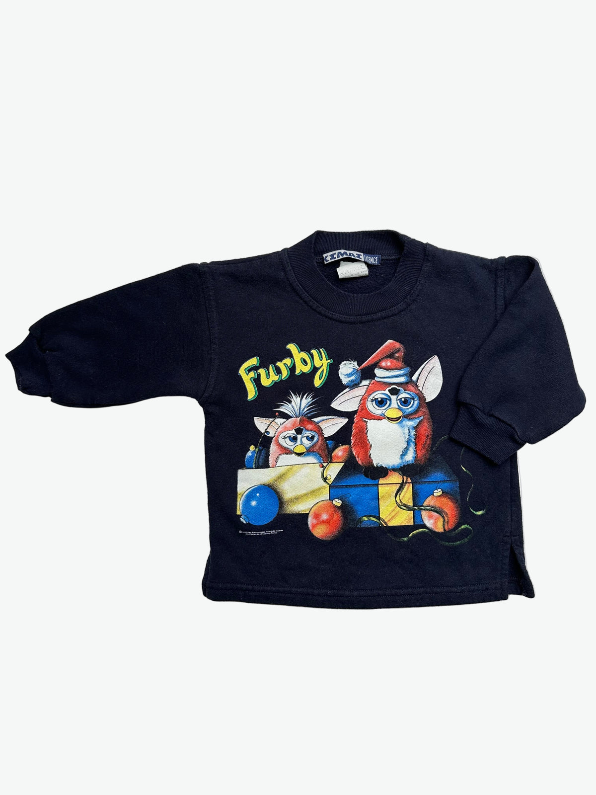 Black long-sleeve sweater with Furby Christmas print on a white background