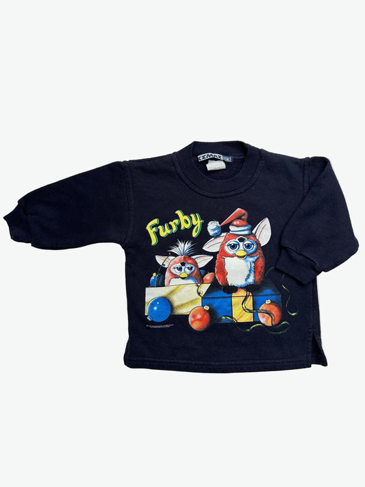 Black long-sleeve sweater with Furby Christmas print on a white background