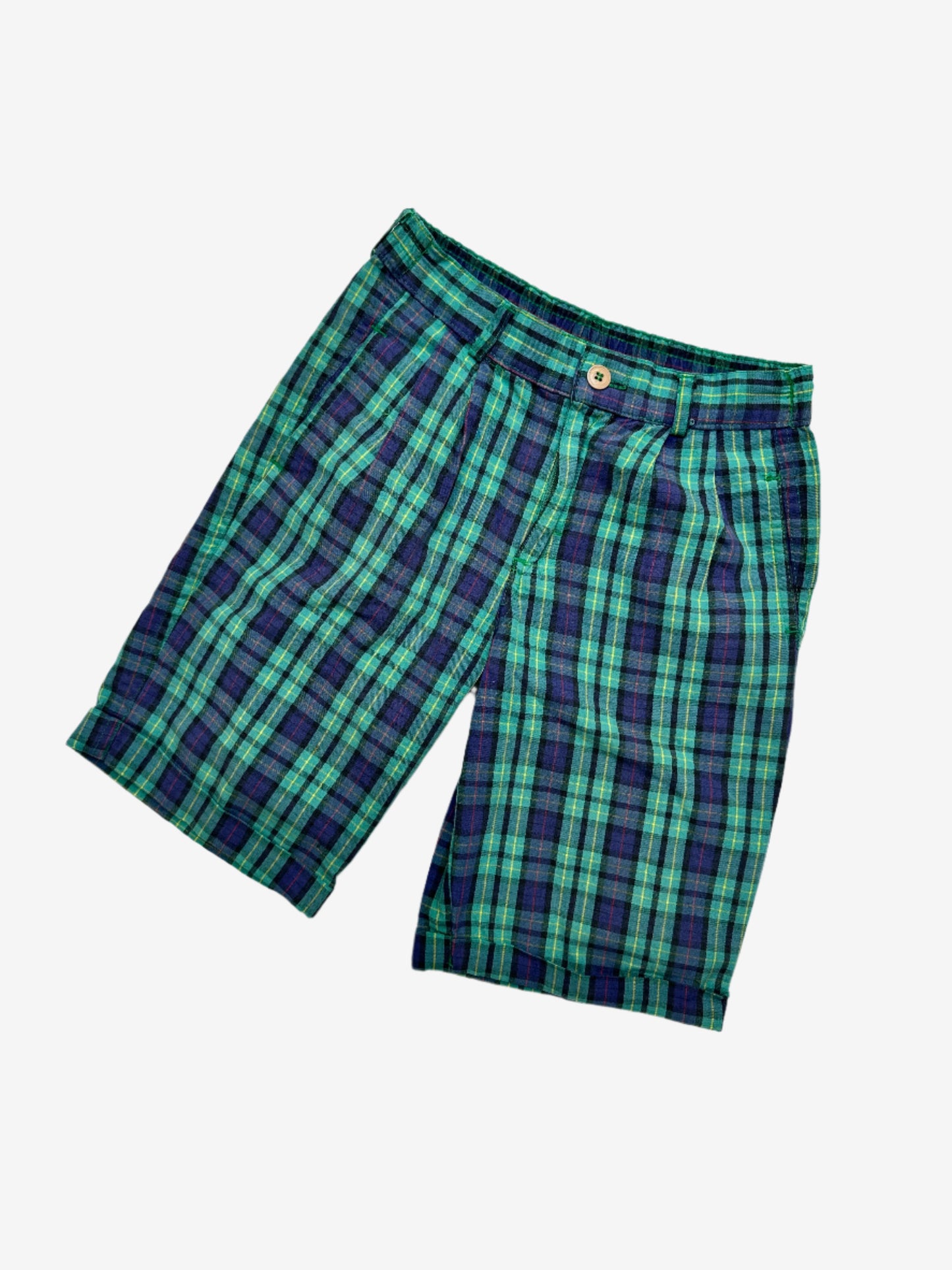 Kids vintage chino style check shorts, green, blue and yellow. Age 6 years.