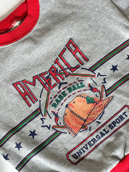 Kids vintage grey america basball sweatshirt jumper with red accents and a logo on a white background