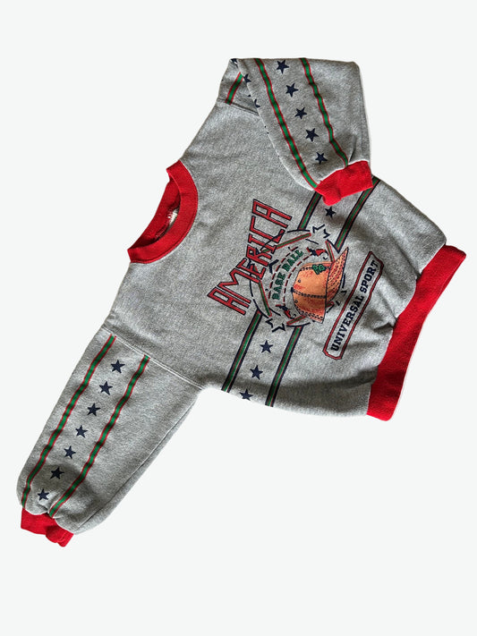 Kids vintage grey america basball sweatshirt jumper with red accents and a logo on a white background