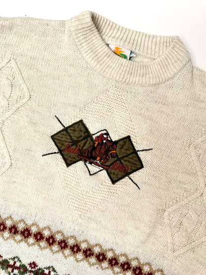 Kids Vintage cream colour lightweight knIt jumper with horse rider patch and embroidery on the chest and beautiful border patterns. Age 6 years.
