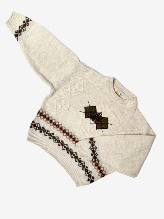 Kids Vintage cream colour lightweight knIt jumper with horse rider patch and embroidery on the chest and beautiful border patterns. Age 6 years.