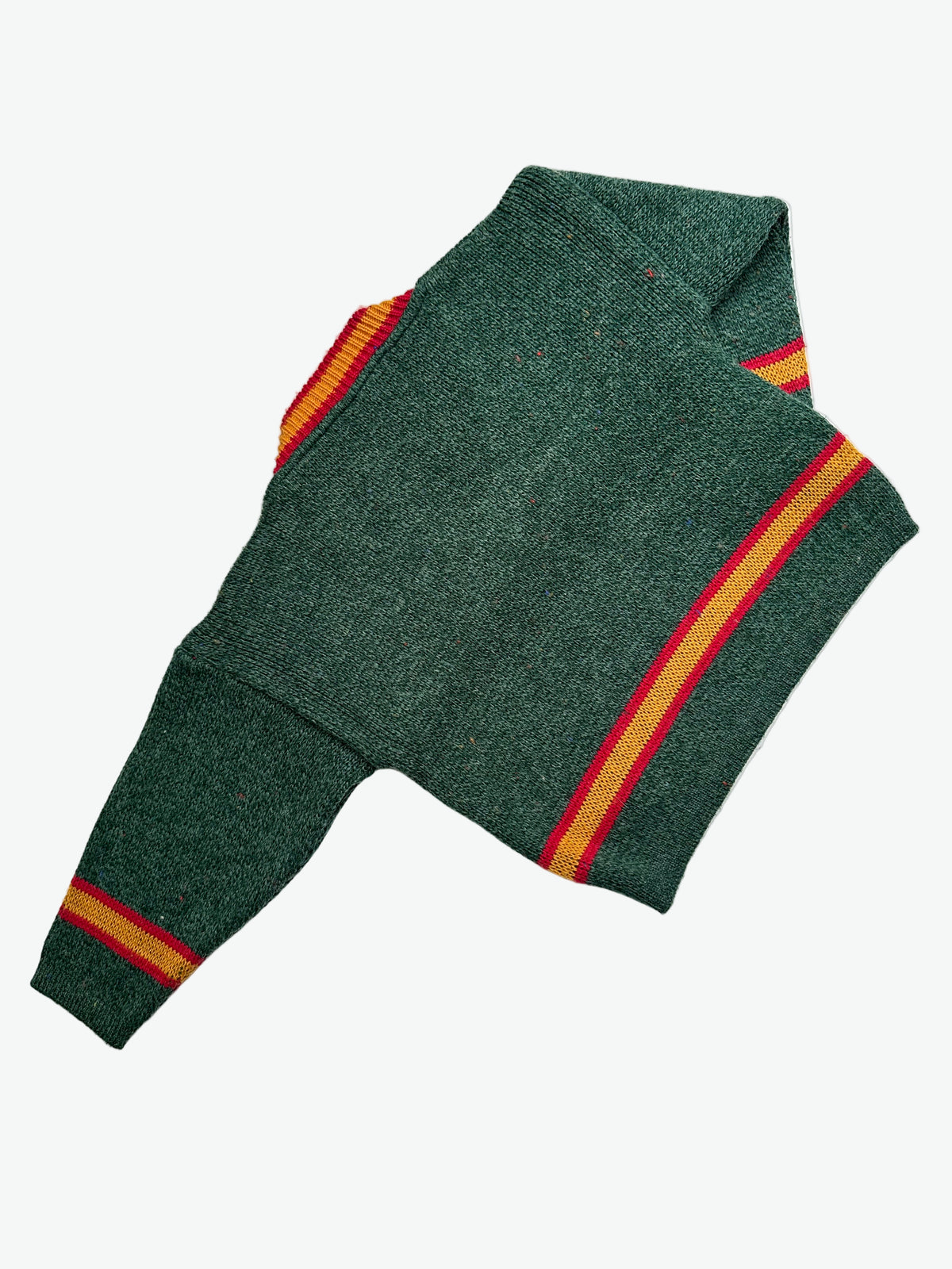 Green knitted jumper with red and yellow stripes on a white background